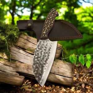 Authentic Mini Cleaver Chef Knife and Sheath | Rustic Almazan Knife | Bushcraft and Camping Equipment | Personalized Engraved Gift For Man