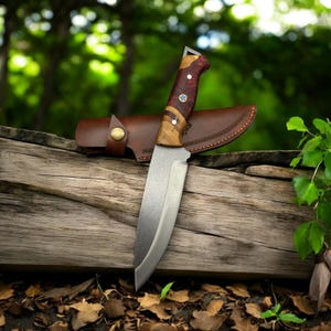 以下が含まれることがあります： 茶色の革製の鞘に、茶色と赤のウッドハンドルナイフが入っています。ナイフは銀色の刃で、木の板の上に置かれています。