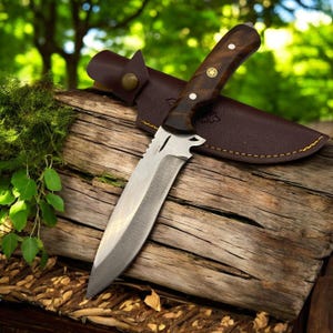 Full Tang Camping Knife with Walnut or Deer Antler Handle | Handforged Hunting Knife with Sheath | Tactical Bushcraft Knife | Gift For Dad