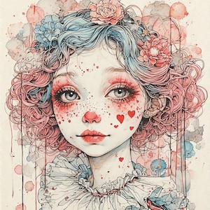 Casual Clown – Gothic Circus Girl Digital Art Download | Sad Clown Portrait Wall Art | Creepy Cute Clowncore Print | AI-Generated Instant Do