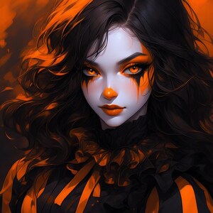 May include: Digital art portrait of a woman with a clown-like appearance. She has pale skin, black hair, and orange and black makeup. Her outfit is black with orange stripes and a ruffled collar. The background is a gradient of orange.