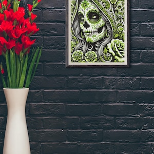 Impression d&#39;art numérique Lime Muerte – Crâne en sucre du Jour des morts | Téléchargement instantané haute résolution | Déco murale verte Dia de los Muertos