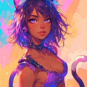 Anime Cat Girl Art Print: Neon Pastel Kawaii Decor (Digital Download, 4K Wallpaper Included