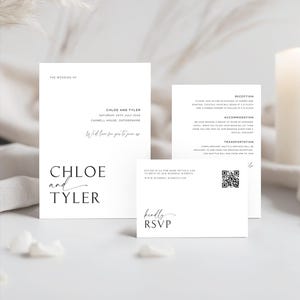 Modern wedding invitation suite including invitation, details card, and RSVP card in a minimalist style with black text on white cardstock.