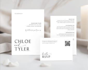 May include: A white wedding invitation suite with black text. The invitation card features the names "Chloe and Tyler" and the wedding date and location. The RSVP card has a QR code and the text "kindly RSVP".