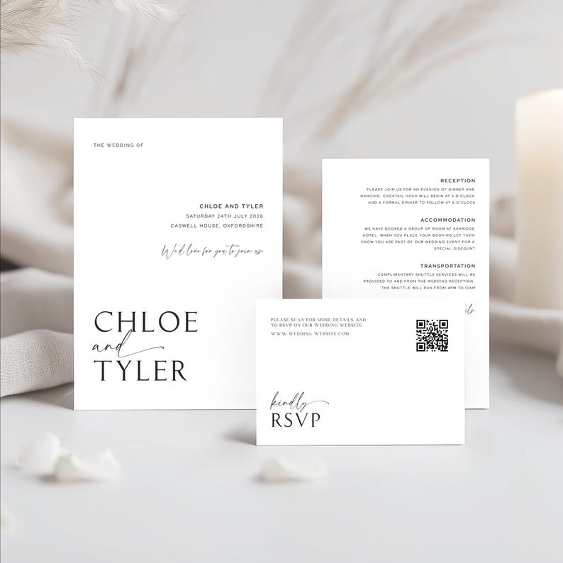 Modern wedding invitation suite including invitation, details card, and RSVP card in a minimalist style with black text on white cardstock.