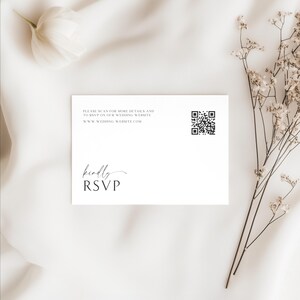 RSVP card with a QR code for digital responses, styled with candlelit details in a modern minimalist design.
