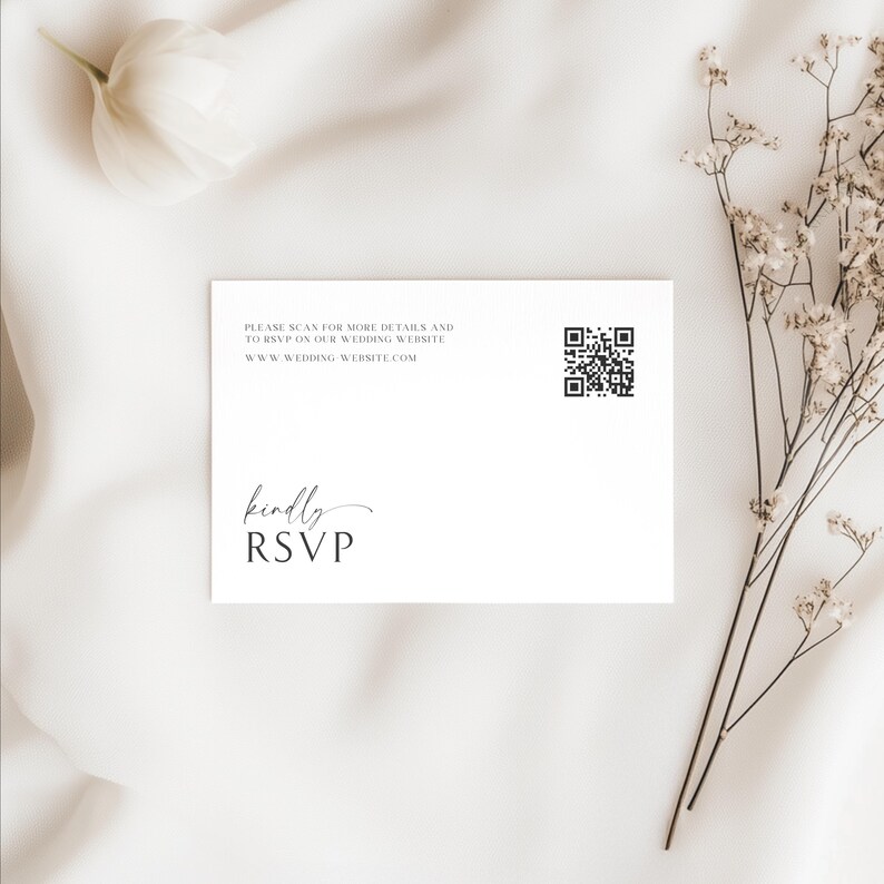 RSVP card with a QR code for digital responses, styled with candlelit details in a modern minimalist design.