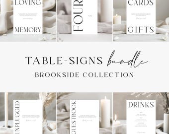 Puede incluir: Un conjunto de carteles de mesa de boda imprimibles en un estilo minimalista con texto negro sobre fondo blanco. Los carteles incluyen "Unplugged", "Guestbook", "Drinks", "Loving Memory", "Four", "Cards" y "Gifts".