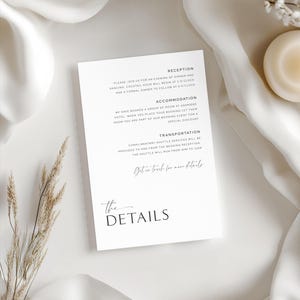 Details card outlining reception, accommodation, and transportation information in a clean and simple layout.
