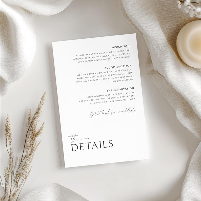 Details card outlining reception, accommodation, and transportation information in a clean and simple layout.