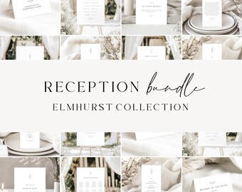Peut inclure: Un ensemble de modèles de papeterie de réception de mariage imprimables dans un style minimaliste avec un motif floral simple. Les modèles comprennent un plan de table, des numéros de table, une pancarte de bienvenue et plus encore. Le texte "RECEPTION bundle ELMHURST COLLECTION" est affiché au centre de l'image.