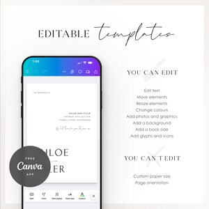 Editable wedding template shown on a smartphone, highlighting what can be customised in Canva, including text, colours, and layout.