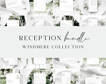 Peut inclure: Une collection de papeterie et de signalisation de mariage personnalisables avec un fond blanc et des accents de feuillage vert. Le texte "RECEPTION bundle WINDMERE COLLECTION" est affiché au centre de l'image. Le texte "EASILY EDIT WITHOUT INSTALLING SOFTWARE OR FONTS" est affiché en bas de l'image.