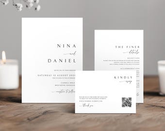 Set di inviti di nozze, modelli Canva modificabili, biglietti RSVP con dettagli di invito, cancelleria digitale fai da te per matrimoni dal design minimalista – FAIRVIEW