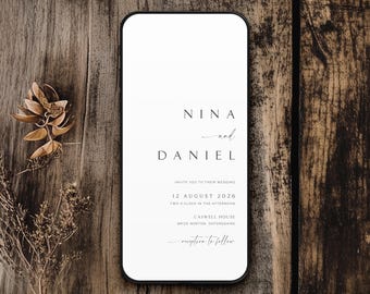 May include: A white wedding invitation card with black text. The card reads "NINA and DANIEL, Invite you to their wedding, 12 August 2026, Two o'clock in the afternoon, Caswell House, Brize Norton, Oxfordshire, reception to follow."