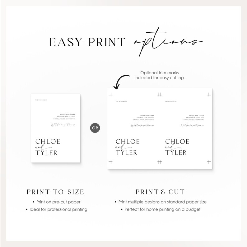 Comparison of print-to-size and print-and-cut options with trim marks for easy cutting, suitable for home or professional printing.