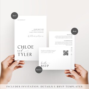 Handheld wedding invitation set showcasing the invitation, details card, and RSVP card with dimensions for each template.