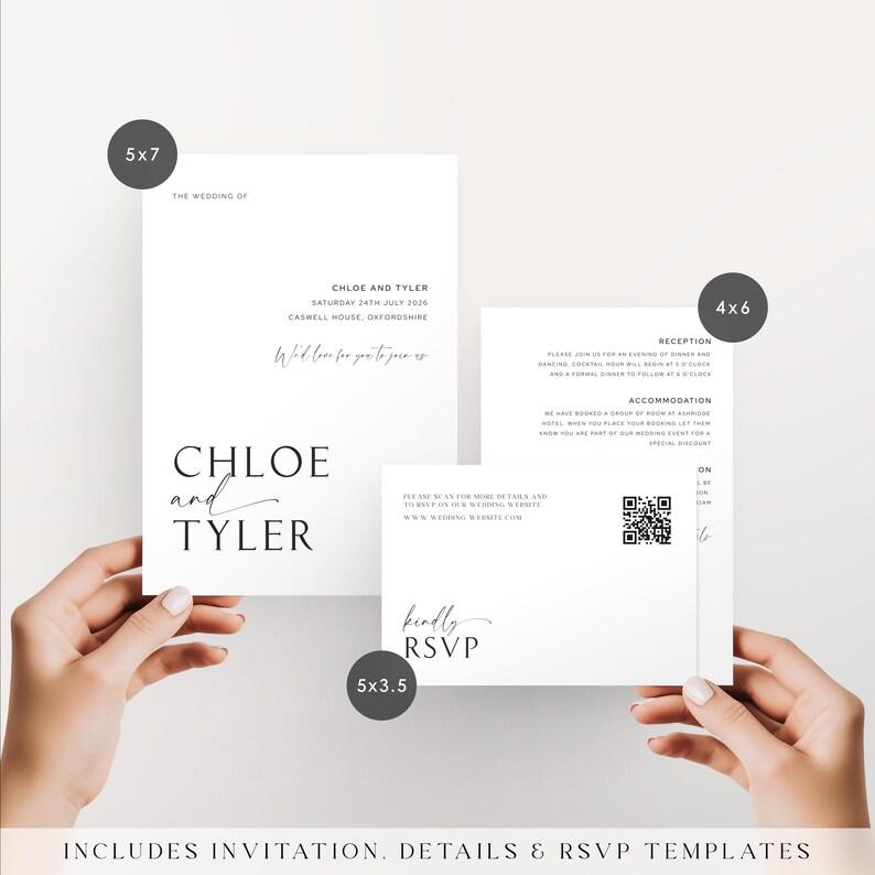 Handheld wedding invitation set showcasing the invitation, details card, and RSVP card with dimensions for each template.
