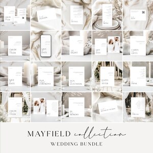 Complete set of minimalist wedding stationery templates from the Mayfield Collection, featuring save the dates, invitations, table signs, and more.