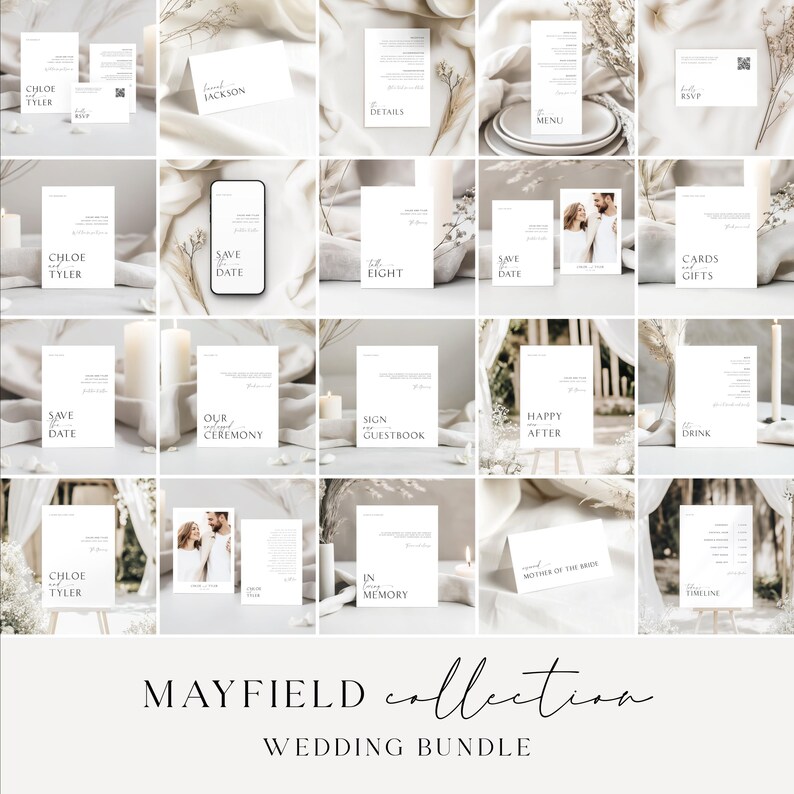 Complete set of minimalist wedding stationery templates from the Mayfield Collection, featuring save the dates, invitations, table signs, and more.