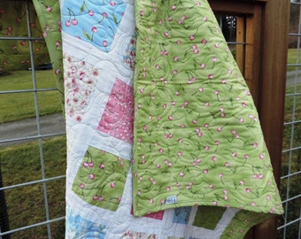 Cherry Blossom Baby Quilt, Handmade Moda Scrapwork Blanket (46x40)