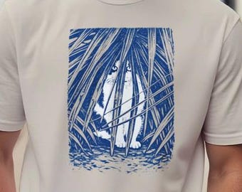 White Cat T-Shirt | Moody Blue Leaves Botanical Graphic Tee