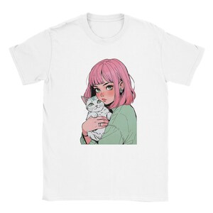 Pink-Haired Anime Girl with Cat – Cozy Pastel Illustration Art Print - Classic Unisex Crewneck T-shirt | Gildan® 64000