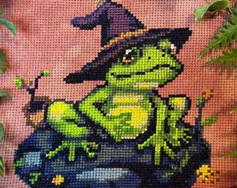 Frosch Vertraute Kreuzstich Stickmuster - Hexen Vertrauter Gothic Halloween Frosch mit Hut - PDF Digital Download