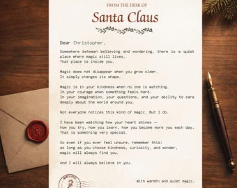 May include: A letter from Santa Claus on aged paper, sealed with red wax. The letter is addressed to Christopher and includes a message about believing in magic. A pen rests on the wooden surface.