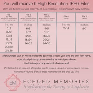 May include: A pink and white graphic with the text "You will recieve 5 High Resolution JPEG Files" and "Don't see the size you want below? Send me a message. Free resizing with every purchase."  The graphic lists five different file sizes with their corresponding aspect ratios and dimensions in inches. The graphic also includes the text "ECHOED MEMORIES Highlighting the Beauty in Simplicity".
