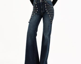Dark Indigo Flare Jeans – Military Button Detail Y2K Gothic Denim Pants