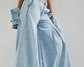 Weite Beinfalten-Denim-Hose - Hoch taillierte Palazzo-Jeans
