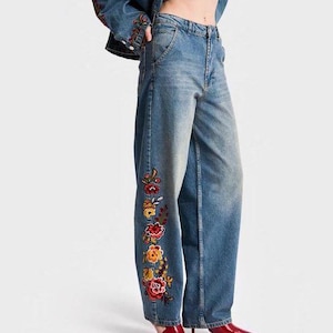 Floral Embroidered Skater Jeans for Women - Relaxed High Rise Boho Hippie Straight Leg Denim Pants - Colorful Flower Jeans