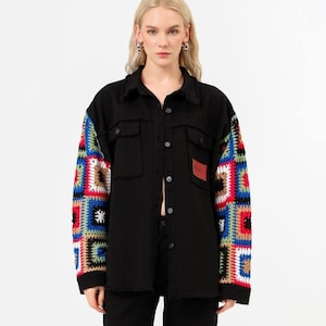 Black Cotton Gabardine Jacket for Women – Upcycled Jacket with Knitted Colorful Sleeves- Spring Jacket Coat- Trendy Street Style