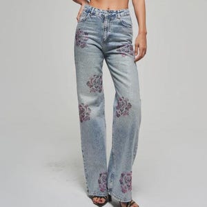 Women&#39;s Straight Fit Light Blue Denim Jeans with 100% Cotton Shiny Rose Embroidered -High Waist Jeans – Boho Chic Floral Glitter Jean Pants
