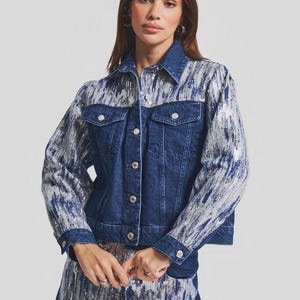 Blue Sequin Denim Jacket for Women – Fitted Jean Jacket with Shiny Silver Sleeves – Handmade Unique Statement Boho Festival Outerwear