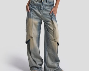 Pantalones vaqueros holgados para mujer: detalles de paneles de mezclilla superpuestos, pernera ancha extragrande con lavado vintage.