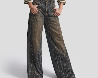 Women’s Wide Leg Palazzo Jeans with Shiny Stone Design - Embellished Studded Denim - Baggy Palazzo Fit Jean - Sparkle Denim Pants