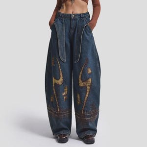 Geborduurde jeans met wijde pijpen en riem - Boho patchwork denim broek met wijde pijpen - Y2K baggy jeans met riem - Vintage streetwear broek