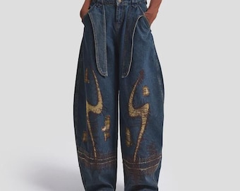 Pantalones vaqueros anchos bordados con cinturón - Pantalones vaqueros anchos estilo boho con patchwork - Vaqueros holgados personalizados estilo Y2K con cinturón - Pantalones de estilo streetwear vintage