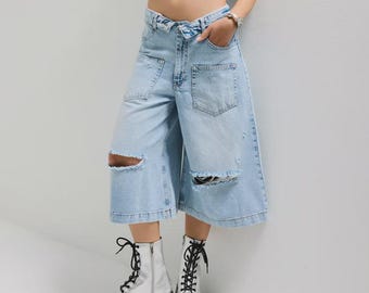 Y2K Distressed Denim Culotte Shorts – Oversized Wide Leg Jean Bermuda Baggy Capri