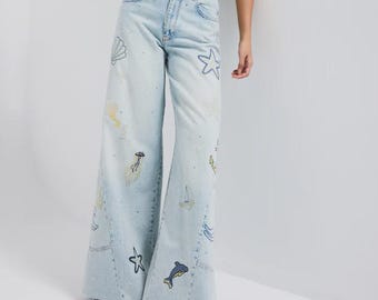 Jean Palazzo brodé marine - Denim large taille haute