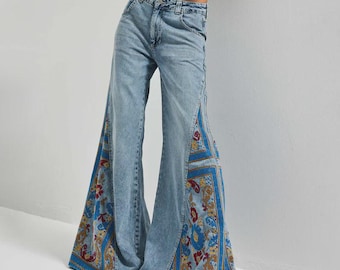 Pantalones vaqueros palazzo bohemios con bordados florales para mujer - Pantalones vaqueros de pierna ancha - Estilo urbano alternativo - Pantalones llamativos hechos a mano