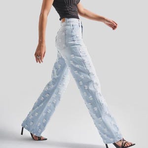 Women's Snow Wash Straight Fit 100% Cotton Jeans – Handmade Ripped Boho Denim – High Waisted Vintage Look Pants - Streetwear Style Denim