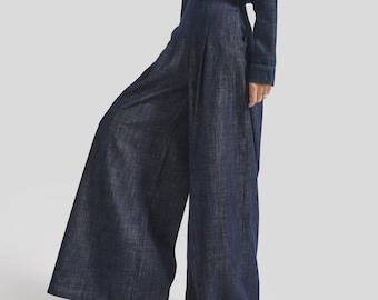 Retro Indigo Palazzo Jeans - Women's High Waist Wide Leg Trousers
