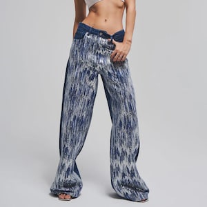 Blaue Pailletten Palazzo Jeans: Hohe Taille Weites Bein Statement Denim
