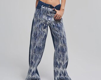 Blue Sequin Palazzo Jeans: High Waist Wide Leg Statement Denim