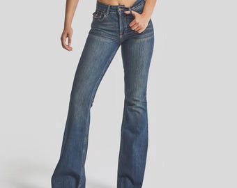 Pantalones vaqueros acampanados estilo años 70 - Pantalones de mezclilla elástica teñida