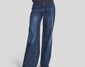 Calça Jeans Palazzo Xadrez Patchwork: Jeans de Cintura Alta e Perna Larga